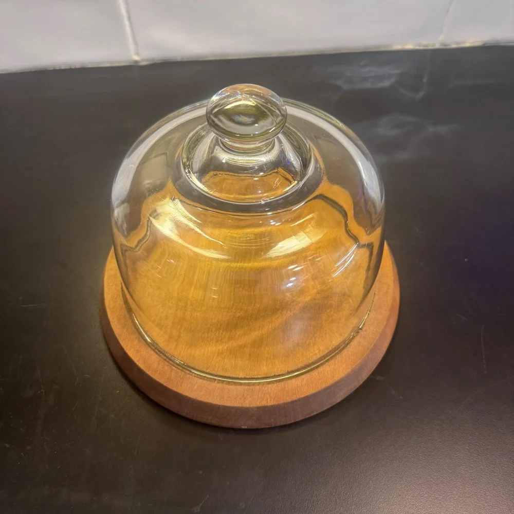 Glass Cloche Cheese Dome with Wood Base Brown Rustic Kitchen Display 7.75in